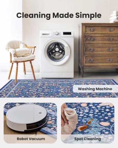 Amada Floral Washable Area Rug,6'x9',Dark Blue
