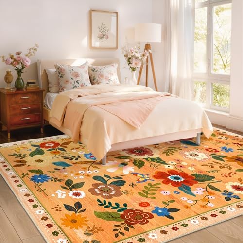 RELEANY Floral Washable 8x10 Area Rugs Orange/Yellow/Red