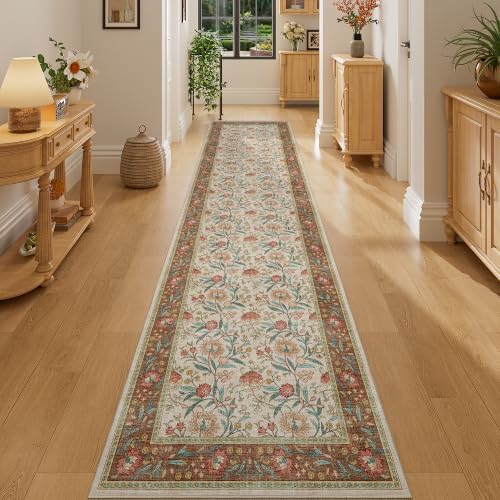DUKINO 2x10 Runner Rug for Hallway, Washable Vintage Floral Rug, Brown