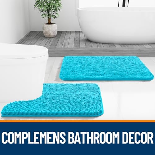 OLANLY Bathroom Runner Rugs 44x24, Soft Absorbent Chenille Bath Rugs, Rubber Backing Quick Dry, Machine Washable Long Bath Mats for Bathroom Floor, Tub and Shower, Home Decor Accessories, Aqua Sky