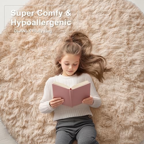 OLANLY Beige Round Rugs for Bedroom - Machine Washable, 9 ft Circle Area Rugs for Living Room, Soft and Fluffy Shaggy Carpet for Teen Girls and Boys, Nursery Rooms, Dorms, Home Decor Aesthetic