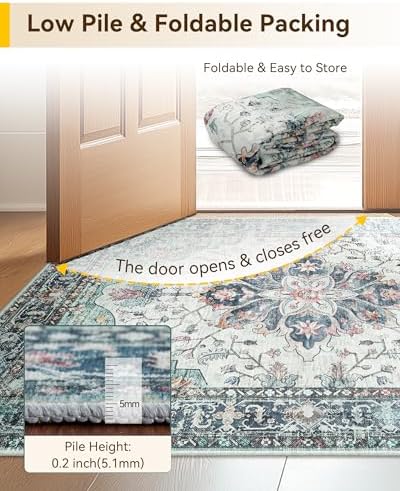 RELEANY Washable Area Rug, Runner 2'x10', Teal Green/White/Navy