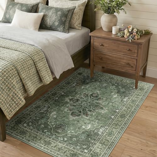RELEANY Washable Area Rug, 3'x5', Green/Dark Green/Gray