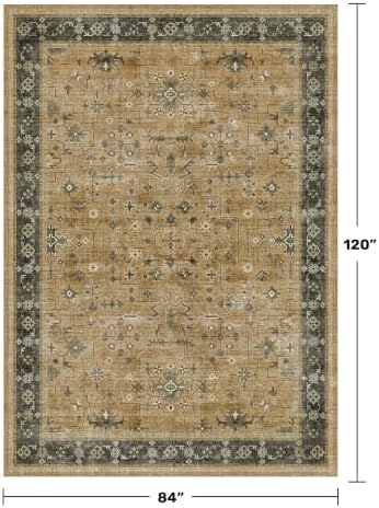 Boho 7x10 Living Room Rug - Washable Rustic Brown and Charcoal Olive Bedroom Area Rug, Modern Vintage Dining Room Carpet, Non-Slip Stain & Fade Resistant