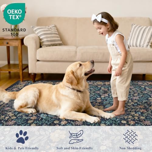 DUKINO 9x12 Area Rug for Living Room, Vintage Floral Washable Rug Dark Blue