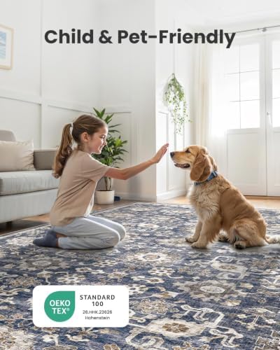 Amada Large 9x12 Washable Area Rug for Living Room, Blue/Brown, Vintage