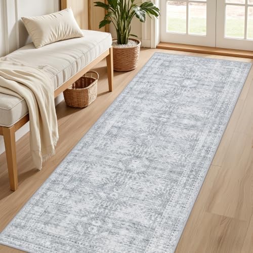 3x8 Hallway Washable Runner Rug: Neutral Kitchen Carpet Gray