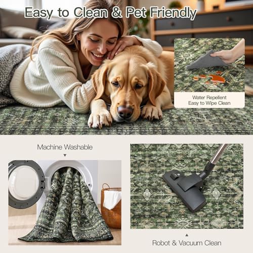 5x7 Area Rugs for Living Room Bedroom, Green Washable Non-Slip Carpet