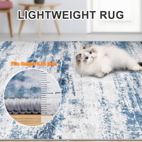 PLHXFR 9x12 Area Rug Living Room: Abstract Washable Carpet White Blue