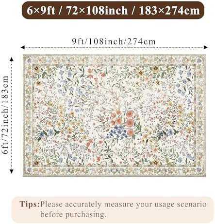YOUFORTONG 6x9 Area Rug Dining Room: Washable Mat for Living Room Bedroom Office High Traffic Area - Soft Non Slip Indoor Carpet for Vintage Farmhouse Home Decor (6x9, Beige)