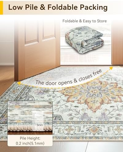 RELEANY Washable Area Rug, Large 9'x12', Beige/Carbon Grey/Orange