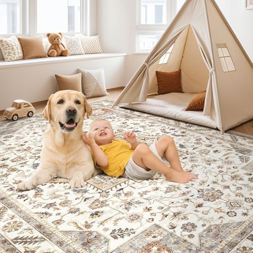 cotiled 9x12 Area Rug for Living Room, Washable, Traditional, Golden Taupe