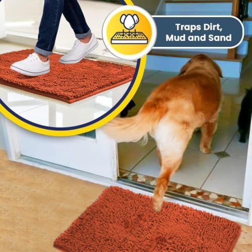 Muddy Mat® | Super Water Absorbent Door Mat Indoor, Microfiber Quick Dry Chenille Entryway Rug, Slip Resistant Front Door Mat, Indoor Mats for Entryway, Machine Washable Pet Rug, Coral 24" x 44"