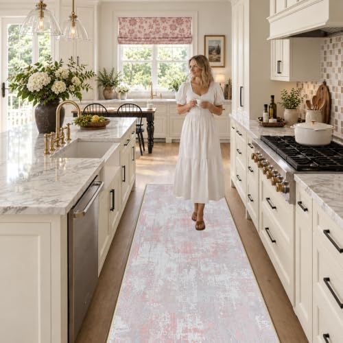 RELEANY Washable Runner 2'x6' Abstract Area Rug for Hallway Gray Pink