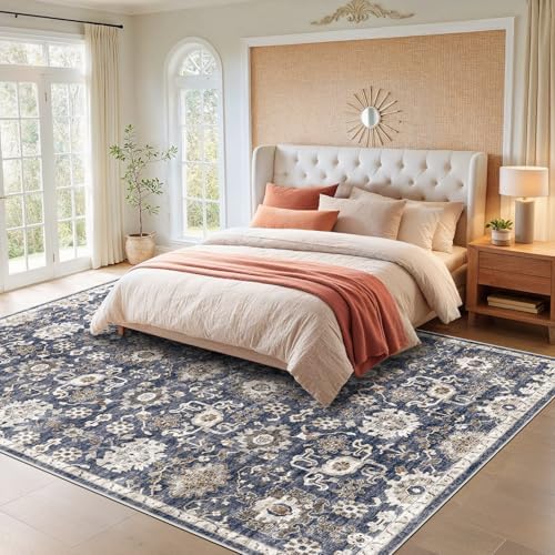 Amada Large 9x12 Washable Area Rug for Living Room, Blue/Brown, Vintage