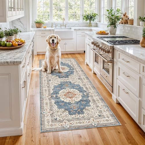Ksrau 3x6 Runner Rug Washable Vintage: Non Slip Hallway Runners Blue/Beige