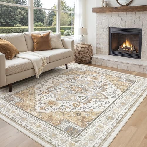 UERMEI 5x7 Area Rug for Living Room - Washable Vintage Carpet, Non-Slip Soft Large Indoor Floor Rugs for Bedroom Home Office & Under Dining Table Decor, Brown Beige