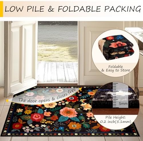 Floral Washable 2x10 Area Rugs Runner Entryway Hallway Black