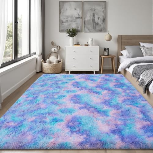 PLHXFR 6x9 Area Rugs Living Room: Fluffy Bedroom Soft Shag Rug Kid Rainbow
