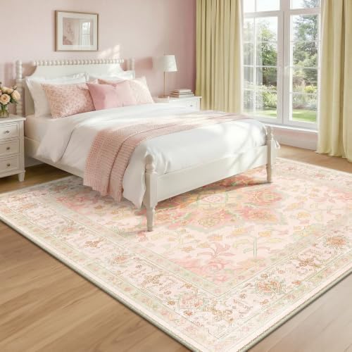 CAPALOCA Square 6ft Washable Nursery Girls Low Pile Area Rug Pink Green