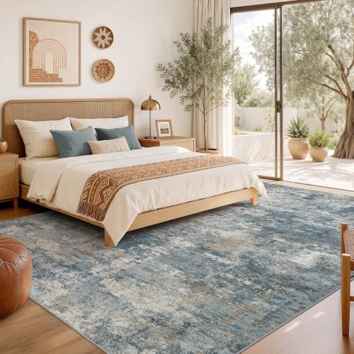 Nakagishi 8x10 Area Rugs Living Room: Washable Abstract Large Neutral Soft Rug Stain Resistant Modern Indoor Floor Non-Slip Carpet for Bedroom Nursery Kids Playroom Office Dining Room Dorm-Blue Brown