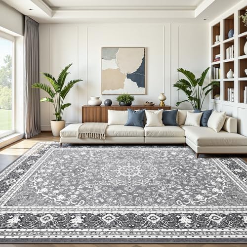 8x10 Area Rugs for Living Room, Washable Non-Slip Rug, Oriental Light Grey