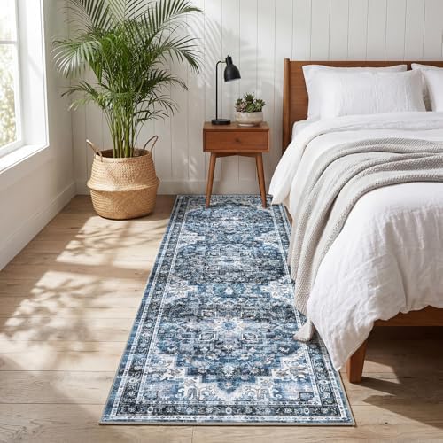 GarveeHome Washable Rug Runner 2x8 Vintage Runners for Hallways Blue