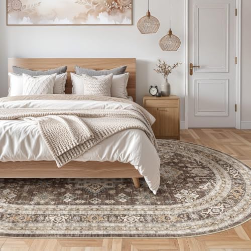 5x8 Ellipse Area Rug for Living Room, Washable, Traditional, Dark Brown