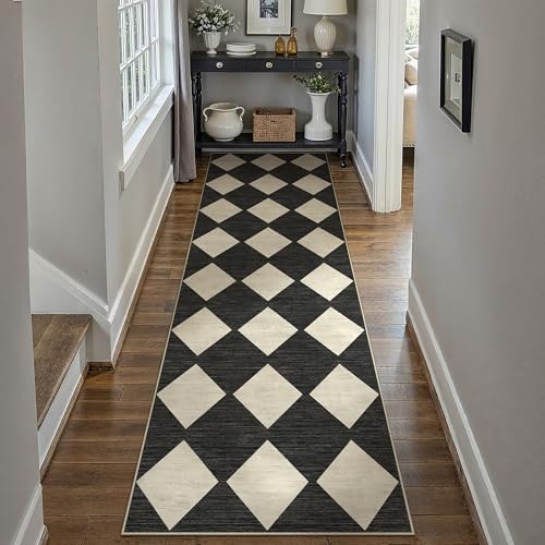 PureCozy Black 2x10 Washable Runner Rug Kitchen Non Slip Checkered Carpet