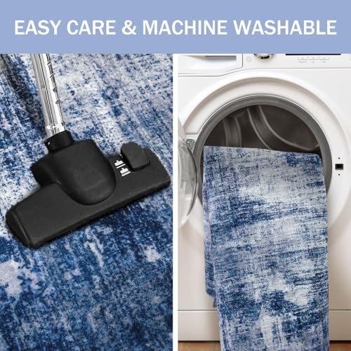 IOHOUZE Abstract Runner Rug 3x12 Ft Washable Runners for Hallways, Non Slip Kitchen Runner Printed Faux Wool Entryway Runner Indoor, Modern Abstract Floor Carpet for Hall Kitchen, Navy/Grey