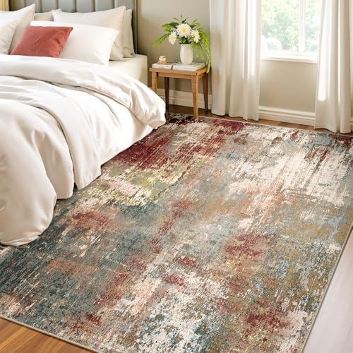 RELEANY Washable 4'x5' Abstract Area Rug for Living Room Rustic Brown