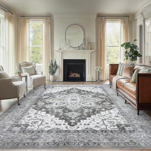Amada Large 9x12 Washable Area Rug for Living Room, Light/Gray, Vintage