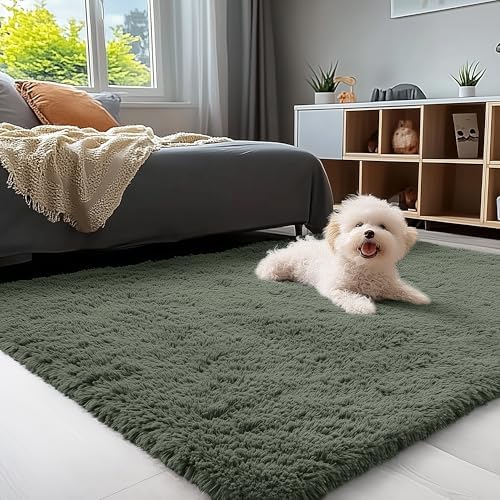 OLANLY 3x5 Machine Washable Small Bedside Rug, Soft Fluffy Shaggy Rugs for Living Room, Bedroom, Indoor Floor Carpet for Kids Girls and Boys, Preppy Dorms, Nursery, Home Decor Aesthetic, Olive Green