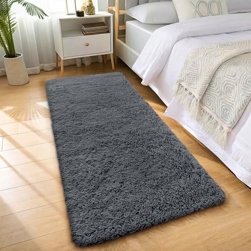 OLANLY 3x12 Machine Washable Runner Rugs for Hallway, Soft Fluffy Shaggy Bedside Rugs for Bedroom, Living Room, Indoor Floor Carpet for Kids Girls and Boys, Nursery Rooms, Home Decor Aesthetic, Grey