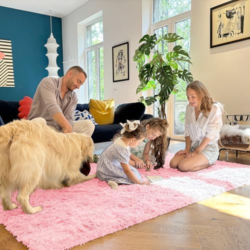 OLANLY 2x5 Machine Washable Runner Rugs for Hallway, Soft Fluffy Shaggy Bedside Rugs for Bedroom, Living Room, Indoor Floor Carpet for Kids Girls and Boys, Nursery Rooms, Home Decor Aesthetic, Pink