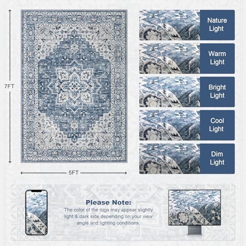 8x8 Area Rugs Living Room: Washable Vintage Rug for Bedroom Blue