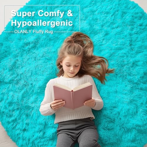 OLANLY Teal Blue Round Rugs for Bedroom - Machine Washable, 9 ft Circle Area Rugs for Living Room, Soft and Fluffy Shaggy Carpet for Teen Girls and Boys, Nursery Rooms, Dorms, Home Decor Aesthetic