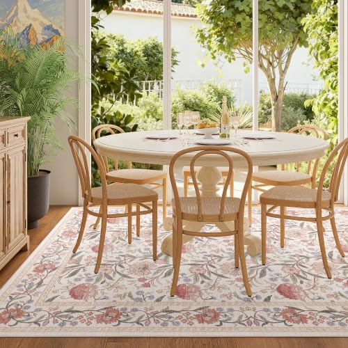 DUKINO 5x7 Area Rug, Vintage Floral Washable Rug for Living Room Beige Pink