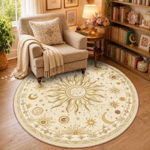 Vacuum-Friendly, Round 4ft Washable Area Rug, Beige Camel Brown