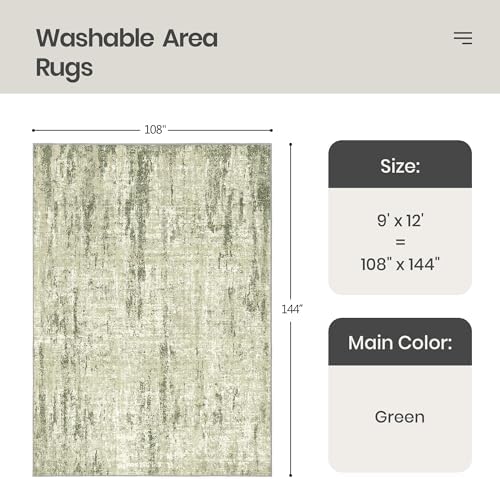 Valenrug 9x12 Area Rug, Large Abstract Washable Rugs for Living Room Green