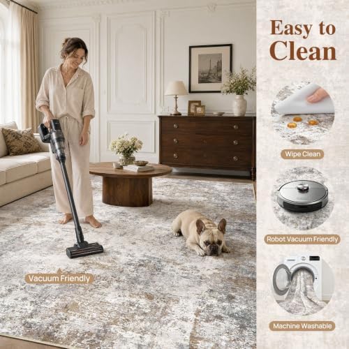 UERMEI 7x9 Area Rug Living Room Rugs - Washable Neutral Modern Abstract Soft Thin Large Rug Indoor Floor No Slip Rug Carpet for Bedroom Under Dining Table Home Office Decor - Brown Grey