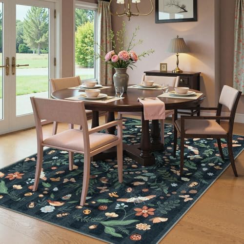 Lahome Washable Insect Botanical 6x9 Area Rugs for Nursery - Machine Washable Non-Slip Black Bedroom Rug, Boho Low Profile Soft Faux Wool Carpet for Living Room Laundry Playroom Dining Room