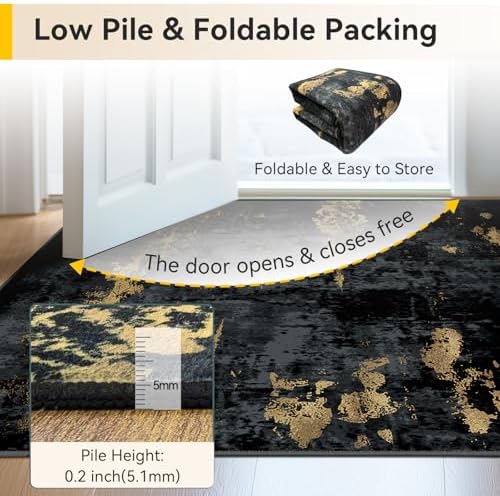 RELEANY Washable Square 10' x10' Area Rug for Living Room Black Gold