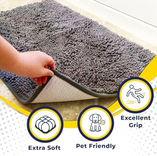 Muddy Mat® | Super Water Absorbent Door Mat Indoor, Microfiber Quick Dry Chenille Entryway Rug, Slip Resistant Front Door Mat, Indoor Mats for Entryway, Machine Washable Pet Rug, Grey 36" x 46"