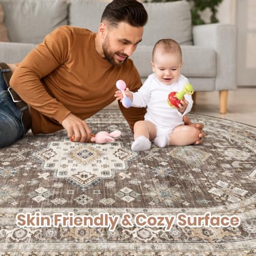 5x8 Ellipse Area Rug for Living Room, Washable, Traditional, Dark Brown