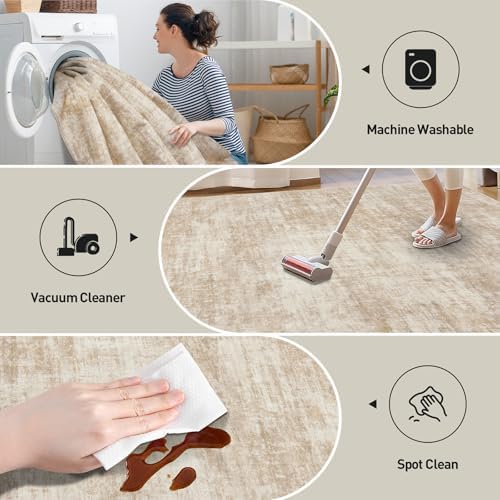 4x6 Area Rugs for Living Room: Washable Abstract Beige Bedroom Carpet