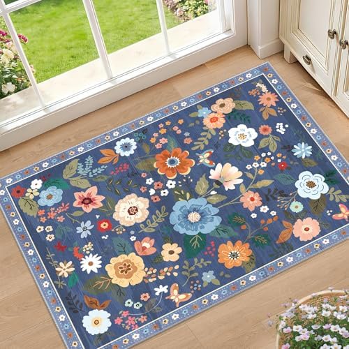 RELEANY Floral Washable 2x3 Area Rugs Doormat Blue/Grey
