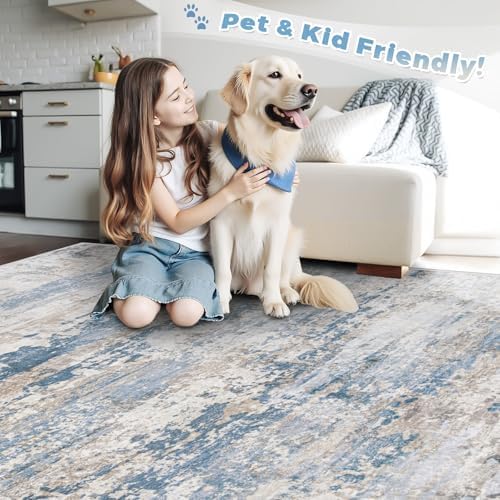 pmtsns Area Rugs 9x12 for Living Room: Washable Rug Modern Abstract Neutral Soft Non-Slip Low-Pile Indoor Large Carpet for Bedroom Dining Room Playroom Home Office (Light Blue Brown, 9'x12')