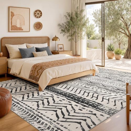 Nakagishi Black Rug Living Room Rugs: 9x12 Machine Washable Boho Large Neutral Modern Soft Moroccan Stain Resistant Indoor Floor Non Slip Accent Carpet for Bedroom Nursery Kids Playroom Office