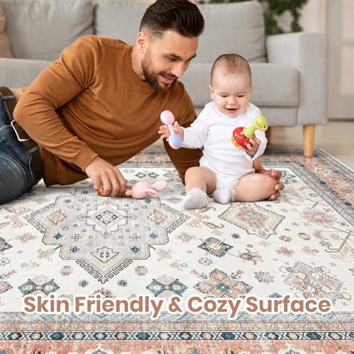 cotiled 5x7 Area Rug for Living Room, Washable, Traditional, Coral Pink